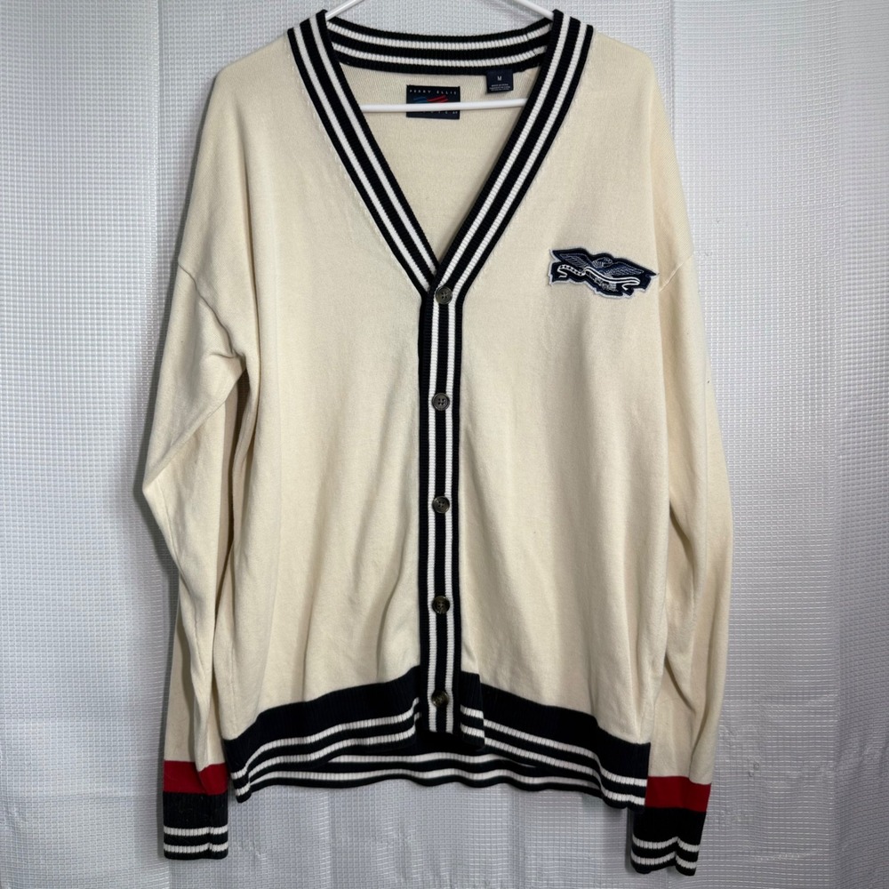 Perry Ellis America Cardigan Cotton Striped Trim V-Neck Varsity Preppy Mens M‎